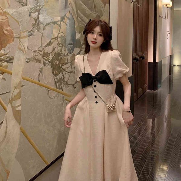 

casual dresses 2022 summer fairy dress french design sense of minority temperament bow apricot dress children nivz, Black;gray