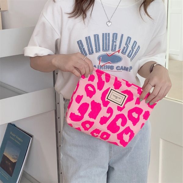 Pochette da donna con motivo leopardato rosa Borse da donna retrò in tela jacquard Borsa cosmetica da donna Portafoglio da studente per ragazze 220630