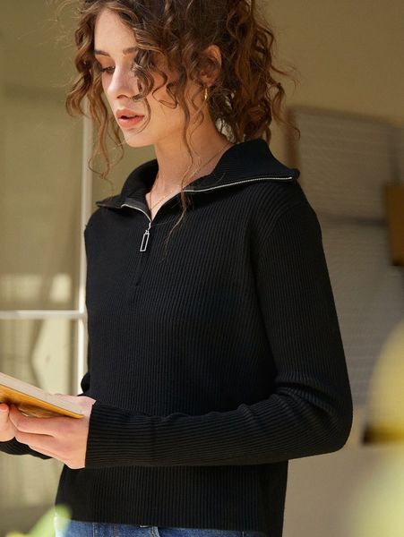 

knit mix half zip ribbed knit sweater y765#, White;black