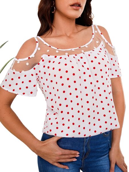 

polka dot mesh yoke cold shoulder 47b9#, White