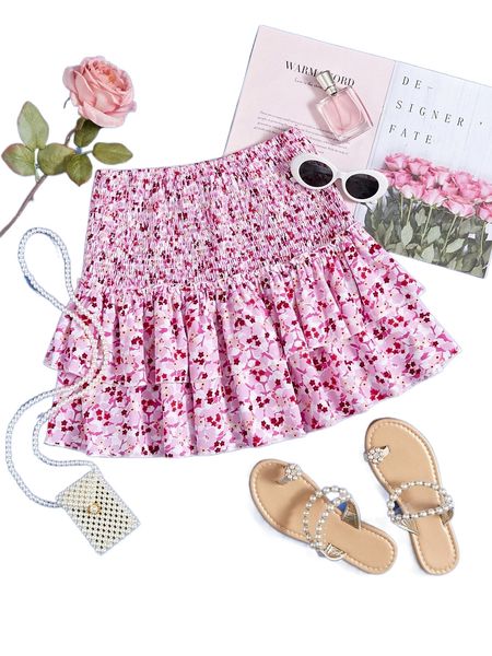 

ditsy floral shirred layered hem skirt 47a9#, Black