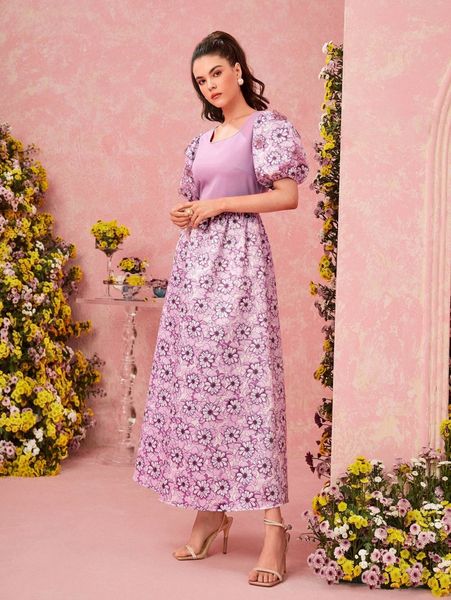 

floral print puff sleeve a-line dress y6c2#, Black;gray