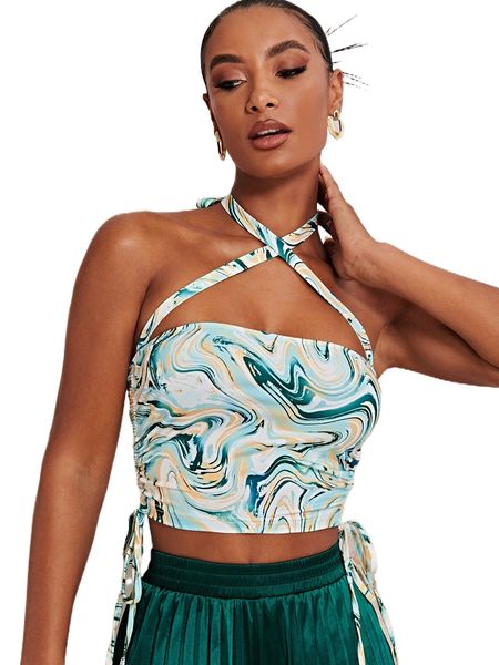 

marble print drawstring ruched halter n6ci#, White