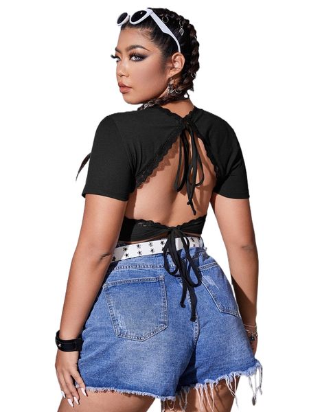 

plus backless knot lace trim crop tee l2aj#, Black