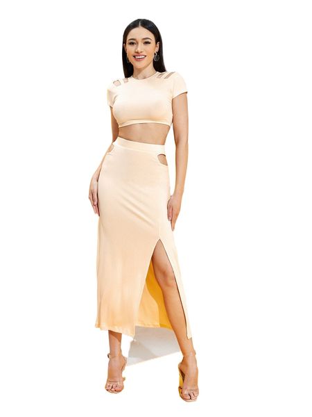 

x stephany rosa cut out crop & split thigh skirt set i7zc#, White