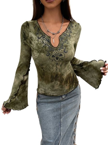 

tie dye notched neckline lettuce trim flounce sleeve tee x0qx#, White