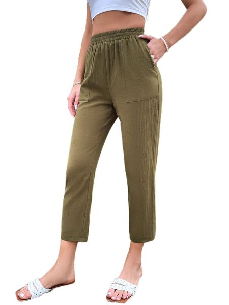 

elastic waist slant pockets cropped pants j4xh#, Black;white