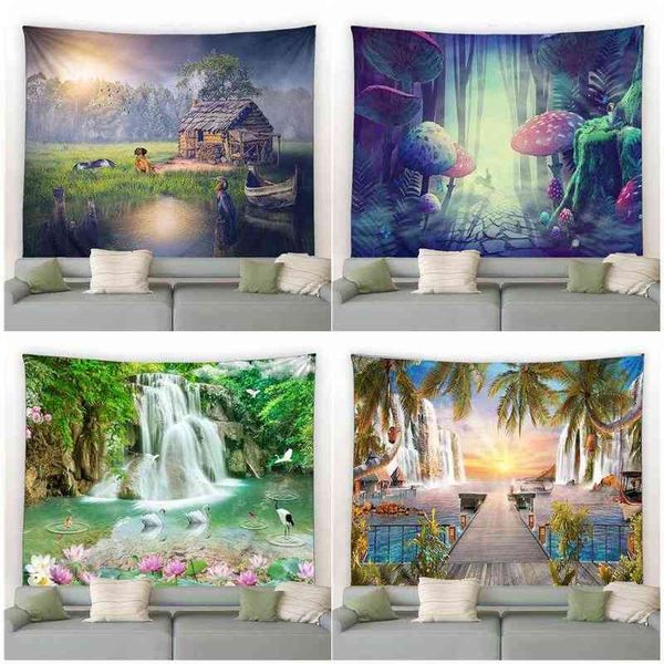 Foresta Cascata Paesaggio Arazzo Stile cinese Fiori di loto Palma Fantasia Fungo Decorazioni per la casa rurale Appeso a parete J220804