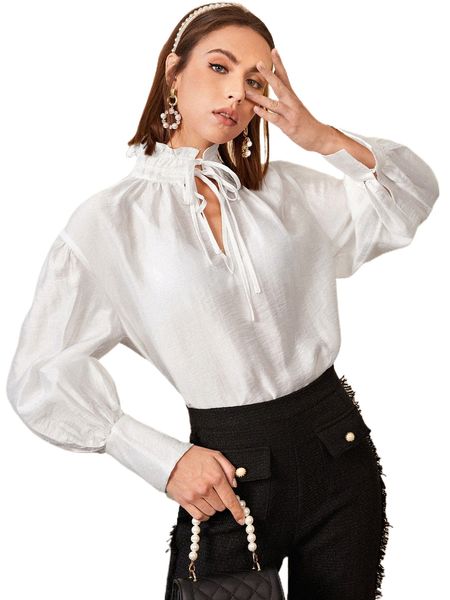 

tie neck frill trim lantern sleeve blouse x5by#, White