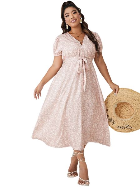 

plus ditsy floral print cut out puff sleeve belted dress b1ok#, Black