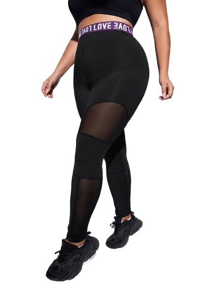 

plus letter tape waist contrast mesh sports leggings y1et#, Black