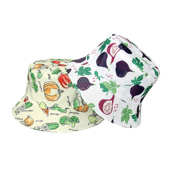 

panama caps summer chili carrot squash broccoli vegetables pattern bucket hats women, Blue;gray