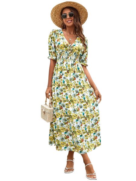 

floral print shirred waist tie back dress x67q#, Black;gray