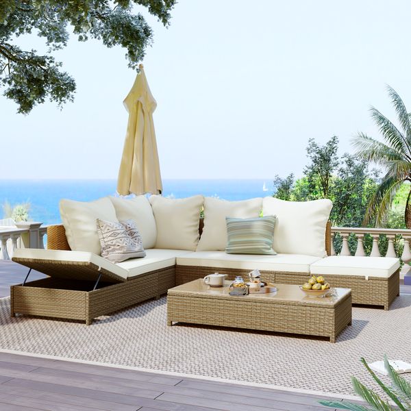 

3 piece rattan sofa set all weather pe wicker combination with adjustable chaise longue frame and tempered glass table natural brown beige c