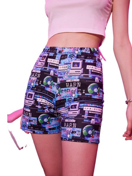 

romwe anime allover print biker shorts m9be#, White;black
