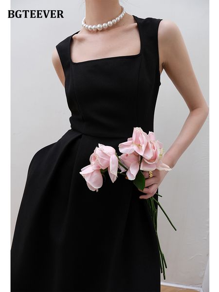 

elegant square sleeve ladies a-line dress 2022 spring summer sleeveless slim waist lace-up women midi dress vestidos, Black;gray
