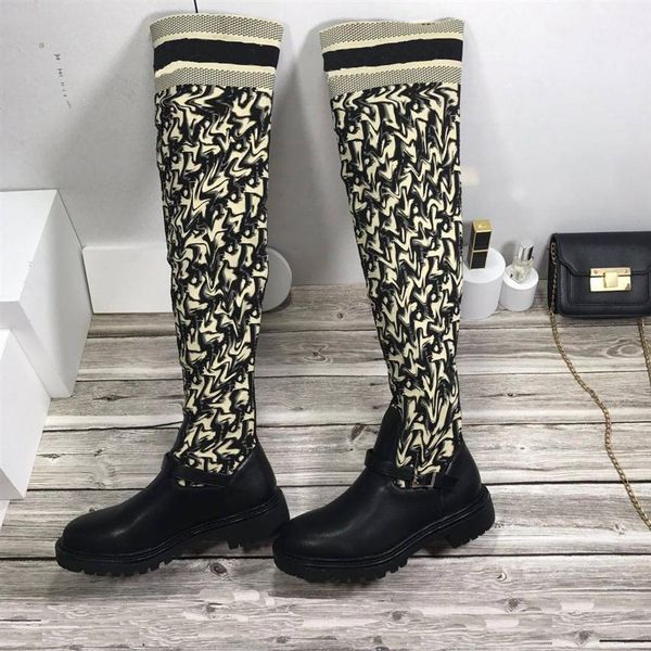 

designer boots brand genuine leather letter ladies thigh high boot women over the knee stretch lace low heel socks shoe with box s207t, Black
