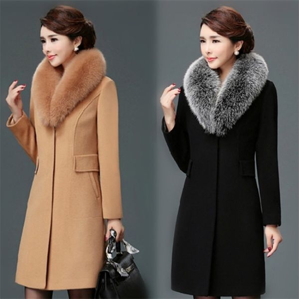 

women wool blends coat winter autumn 2020 fashionslim mother fur collar woolen jacket long outerwear female size m3xl t200828, Black