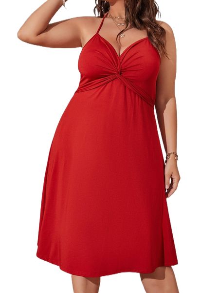 

plus twist front tie backless halter dress w2db#, Black