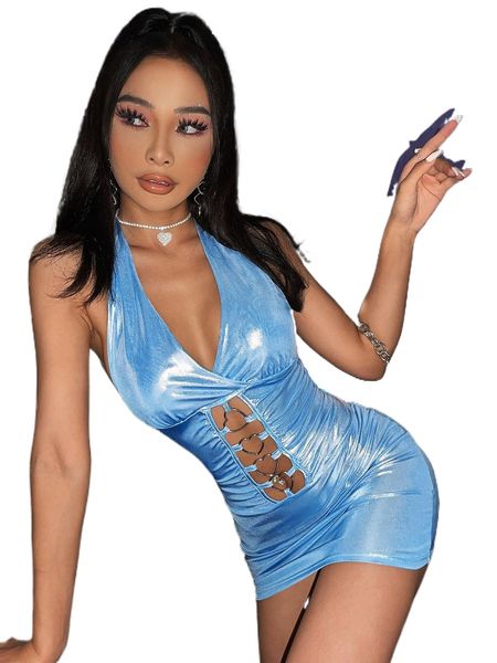 

heart-ring cut out backless metallic halter bodycon dress b4ck#, Black;gray