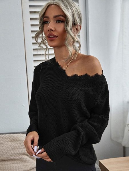 

lace trim rib-knit drop shoulder sweater z9pf#, White;black