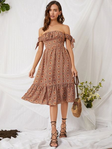 

allover print off shoulder knot side ruffle hem dress b6wr#, Black;gray