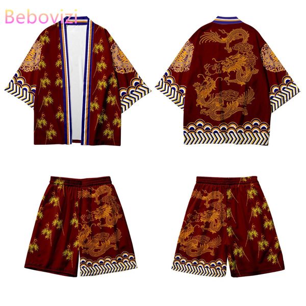 

chinese style two-piece suit japanese cardigan men cosplay yukata harajuku vintage samurai dragon kimono shorts sets haori, Red
