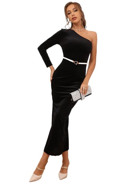 

one shoulder split back velvet bodycon dress without belt u2d0#, Black;gray