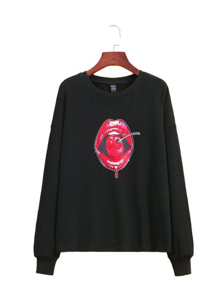

x alice cherry & lip print drop shoulder sweatshirt s97o#, Black
