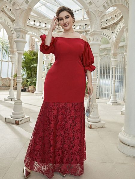 

plus off shoulder flounce sleeve contrast lace dress c5sx#, Black