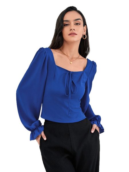 

sweetheart neck flounce sleeve knot front c6ip#, White