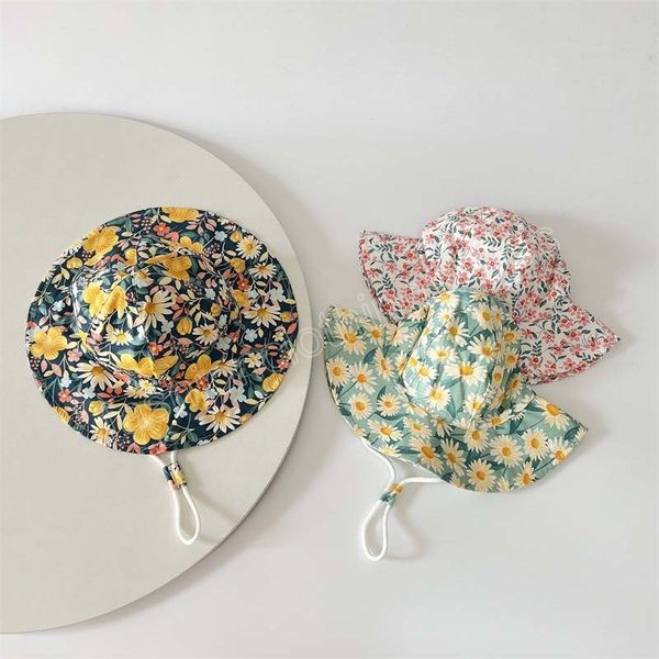 

flowers print summer beach sun caps baby bucket hat children cotton breathable panama hats boy soft brim outdoor fisherman cap, Yellow