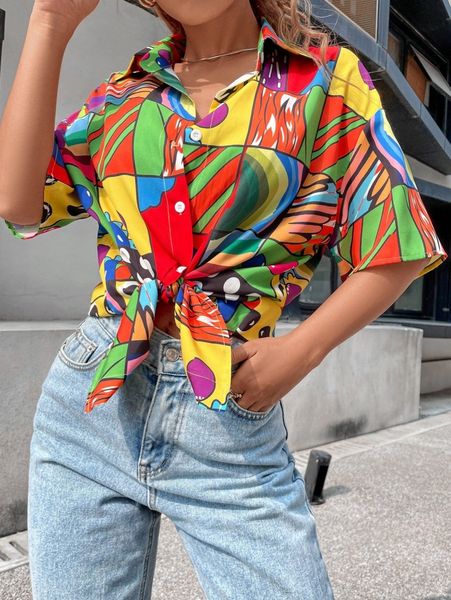 

graphic print curved hem blouse s2se#, White