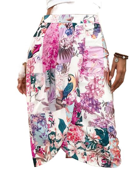 

bird & floral print asymmetrical hem skirt s69y#, Black