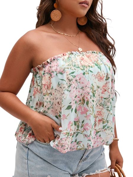 

plus allover floral print frill trim tube v1k7#, Black