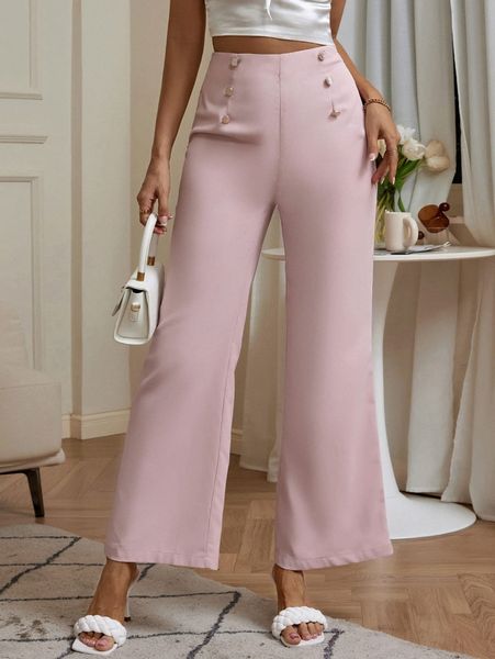 

high waist fake button flare leg pants l2go#, Black;white