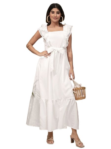 

modely contrast lace ruffle hem belted dress r0ep#, Black;gray