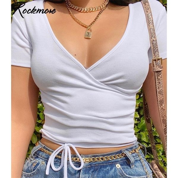 

rockmore ribbed deep vneck skinny tshirts women solid crop short sleeve summer criss cross bandage basic shirts casual 210317, White