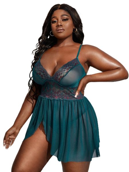 

plus mesh contrast lace ruffle hem slips & thong p8ts#, Black;white