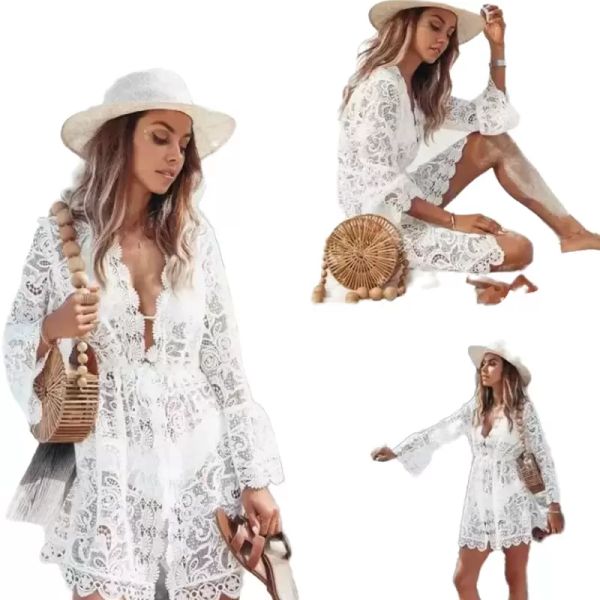 2022 Vestidos casuais Novo verão feminino biquíni encobrimento floral renda de crochê de crochê de crochê de maiô