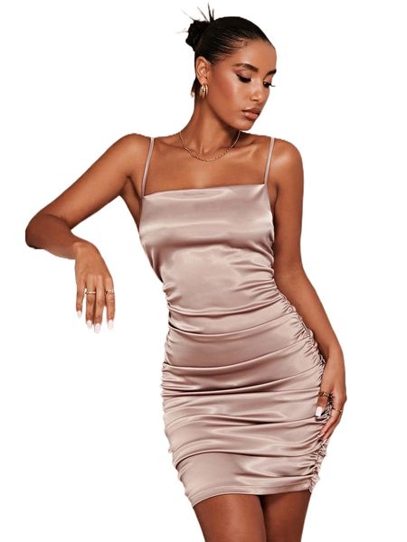 

bae crisscross backless ruched cami dress 39bb#, Black;gray