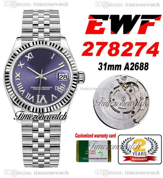 EWF 31mm 278273 ETA A2688 A2688 Womens Senhoras Assista Fluted Bezel Roxo Diamantes Romanos Dial Jubileesteel Bracelete Super Edição Com Garantia TimezoneWatch B2