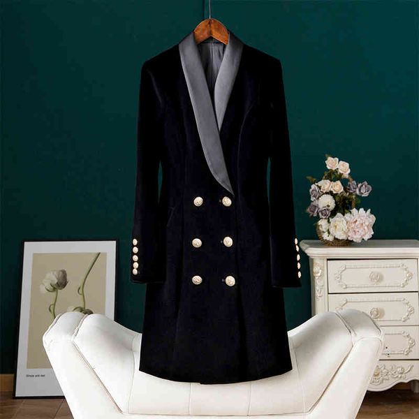 

women's suits blazers autumn and winter black double breasted velvet suit coat women's medium long corduroy splicing golden trench, White;black