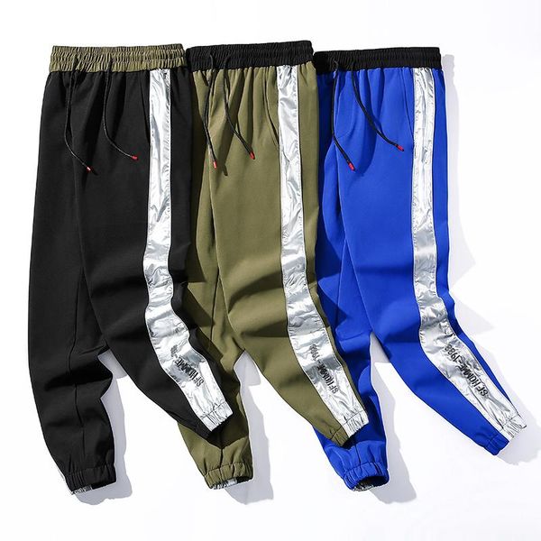 

men's pants 3 colors spliced for men's spring korean elastic waist men casual handsome loose nine-point beam sweatpants 4xl, Black