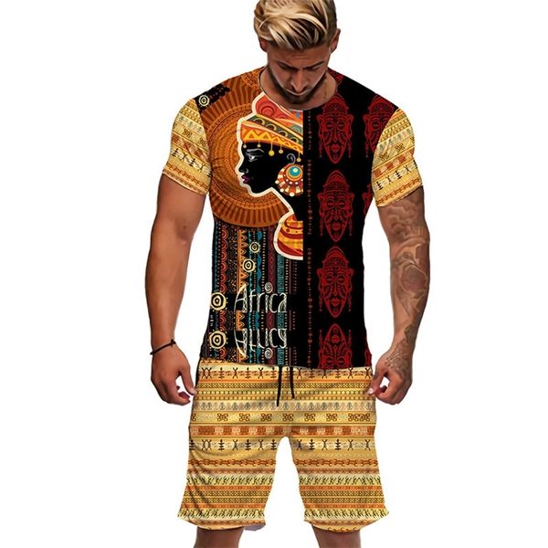 Африканский народный рисунок 3D Printed Men Short Shorts Set 2pc Hip Hop Style с коротким рукавом o Nece Summer Suits Suits 220621