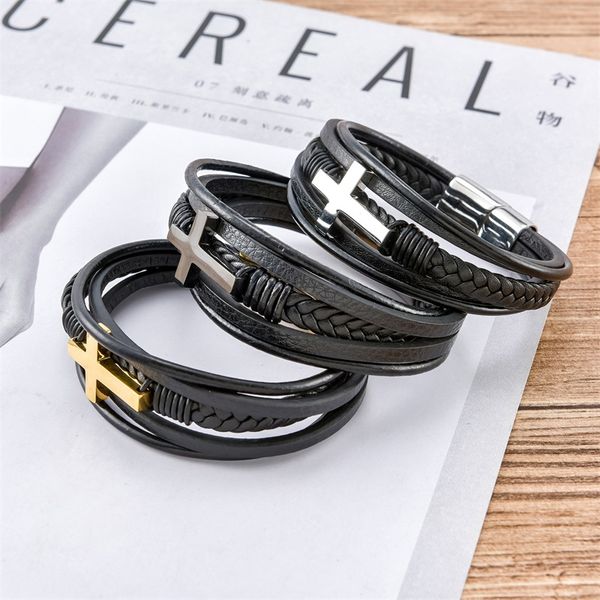 

luxury multicolor cross design classic stainless steel men's leather bracelet 19/21/23cm choose handsome christmas gifts 1204 e3, Black
