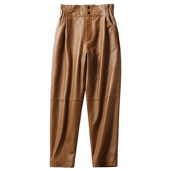 

genuine leather pants women winter 2020 new fashion elastic high waist pants women plus size harem pants casual trouser female lj201029, Black;white