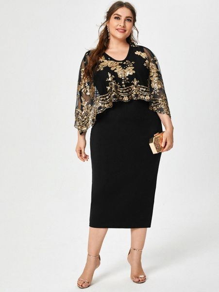 

plus sequin mesh split hem dress u28k#, Black