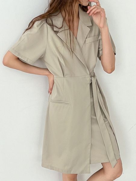 

dazy lapel neck knot side pocket front dress m6bt#, Black;gray