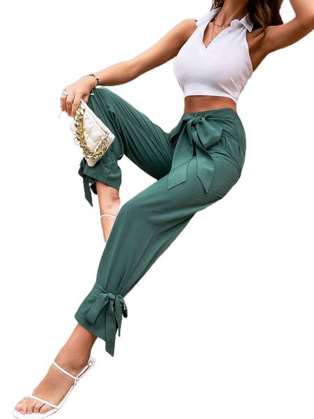 

knot front elastic waist pants w3cd#, Black;white